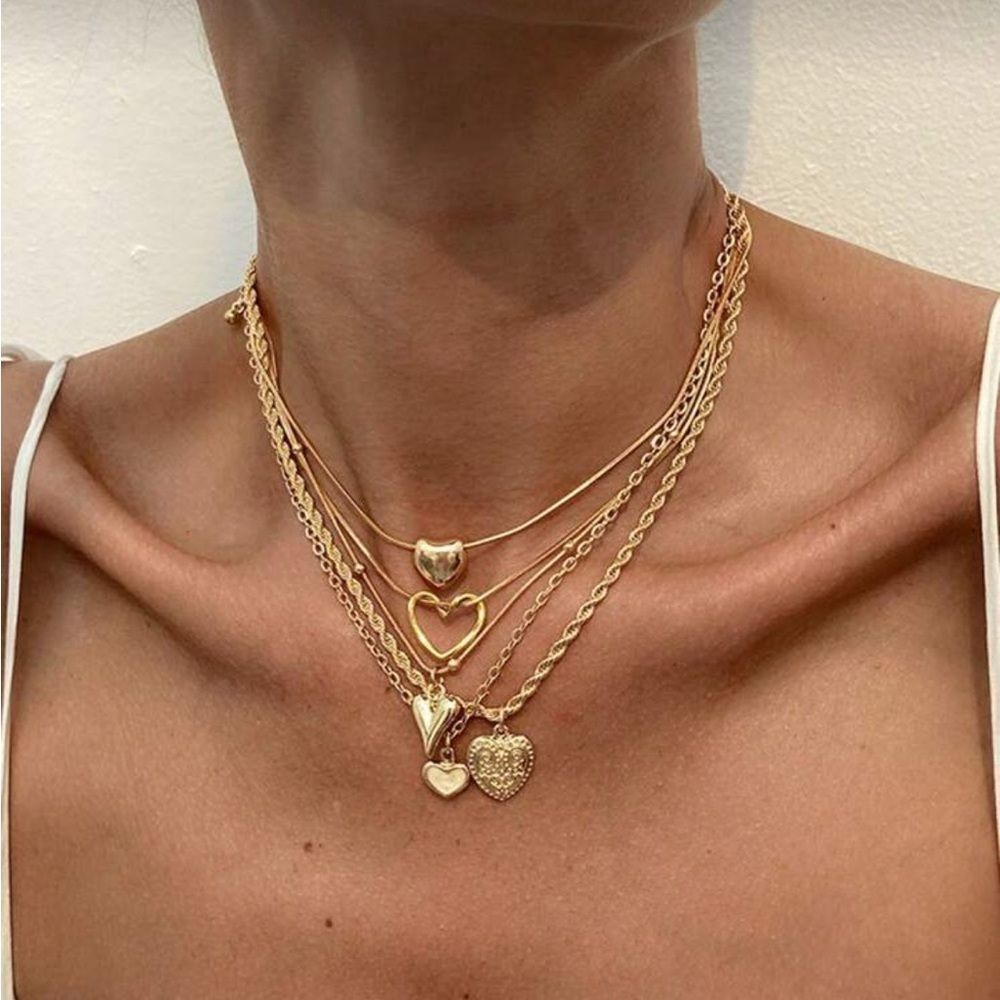 Gold Heart Layered Necklace Set - Women Jewelry